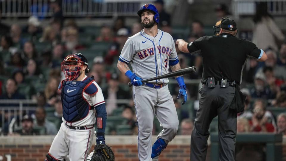 Oct 1, 2022; Cumberland, Georgia, USA; New York Mets catcher Tomas Nido (3) reacts after being called out on strikes against the Atlanta Braves during the seventh inning at Truist Park.