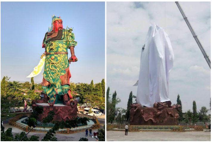 位於東爪哇的關羽神像，因被視為「侮辱伊斯蘭」遭抗議並以白布遮蔽。（截圖自NYT網路）