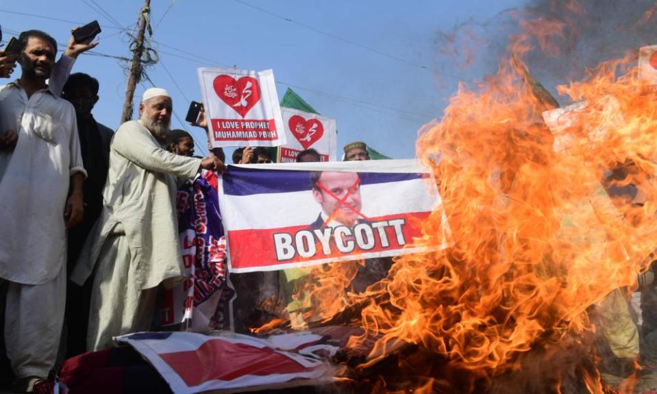 A protest in Karachi, Pakistan, targeting the French president, Emmanuel Macron.