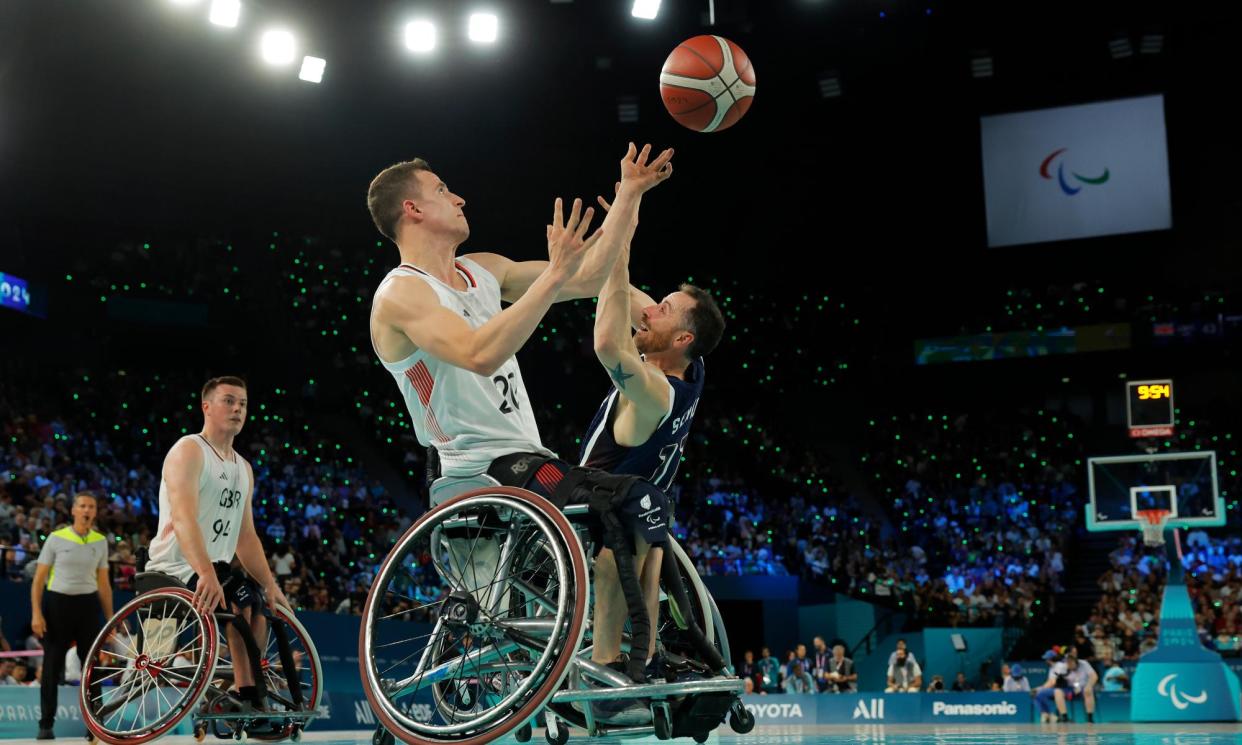 <span>Steve Serio (right) contests possession with Great Britain’s Peter Cusack.</span><span>Photograph: Tom Jenkins/The Observer</span>