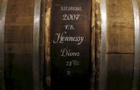 A close up of an oak barrel stored in a cellar used for storing rare and old cognac at the Hennesy factory in Cognac, southwestern France, November 6, 2015. REUTERS/Regis Duvignau