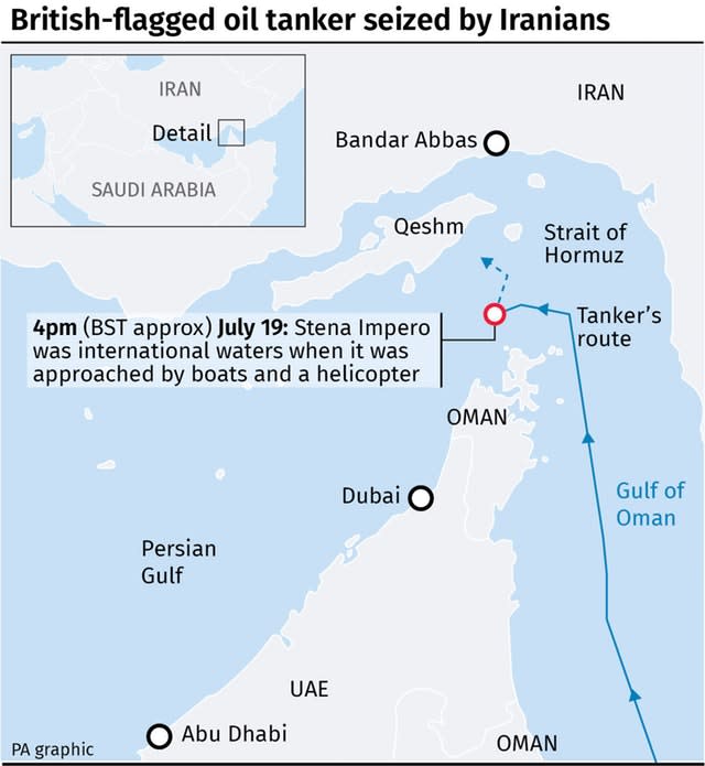 Map locates where British-flagged oil tanker seized by Iranians