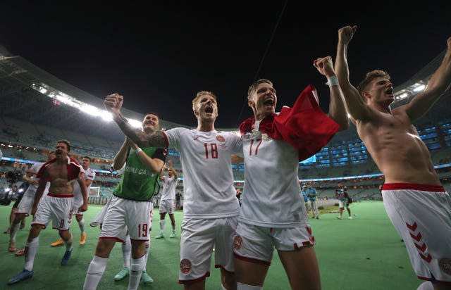 Danish players celebrate their win over the Czech Republic at Euro 2020 