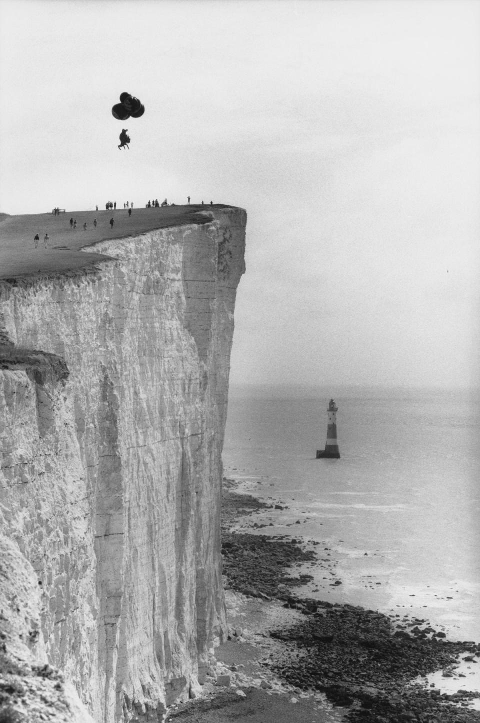 Kirke sets off from Beachy Head in East Sussex, in a giant helium-filled kangaroo (Getty)