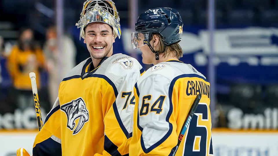 Juuse Saros and the Nashville Predators have plenty to smile about these days. (Photo by John Russell/NHLI via Getty Images)