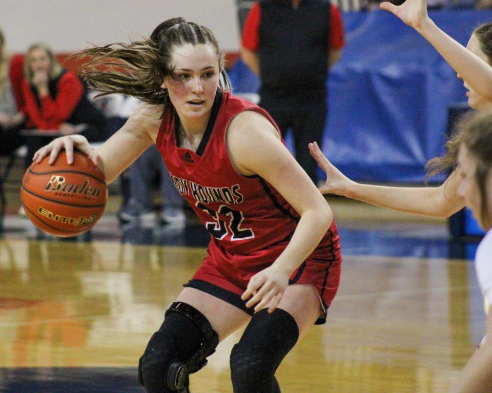 Gruver's Hannon Lankford handles the ball against Panhandle during the Region I-2A championship girls basketball playoff game in the Texan Dome in Levelland on Saturday, Feb. 25, 2023.