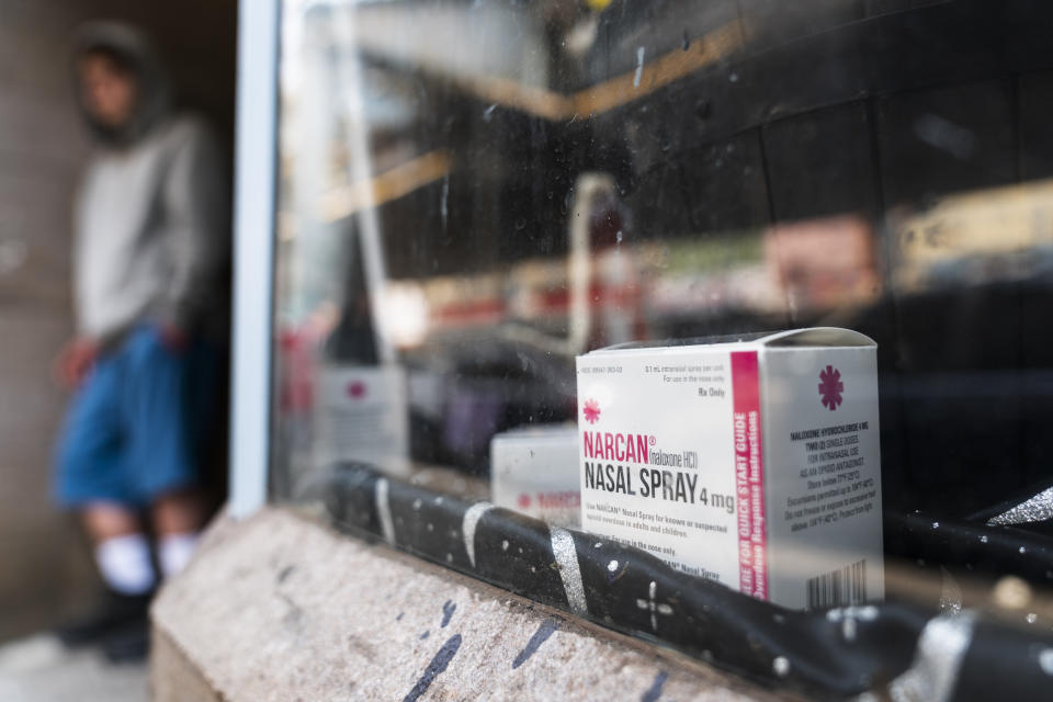 A box of Narcan sits in the Savage Sisters' community outreach storefront in the Kensington neighborhood of Philadelphia, Wednesday, May 24, 2023. Generically known as Naloxone, the medication used revive people who have stopped breathing, doesn’t reverse the effects of xylazine. Philadelphia officials stress that naloxone should still be administered in all cases of suspected overdose, since xylazine is almost always found in combination with fentanyl. (AP Photo/Matt Rourke)