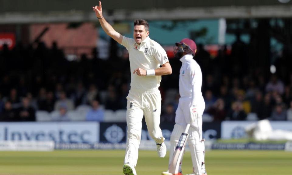 Jimmy Anderson celebrates the wicket of Royston Chase on day three of the Lord&#x002019;s Test against West Indies in September 2017