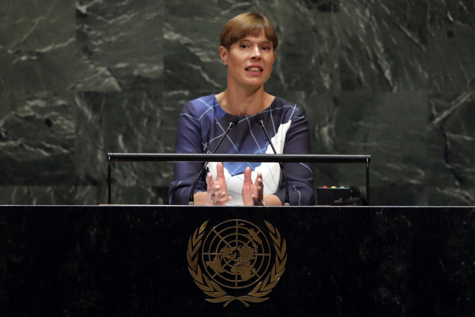 Estonia's President Kersti Kaljulaid addresses the 74th session of the United Nations General Assembly, Wednesday, Sept. 25, 2019. (AP Photo/Richard Drew)