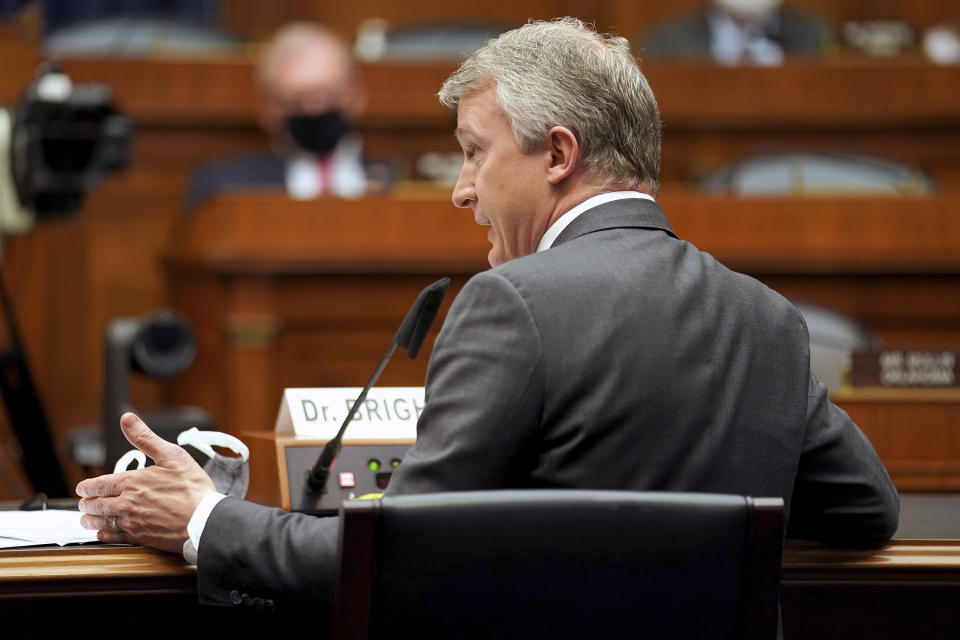 Richard Bright, former director of the Biomedical Advanced Research and Development Authority, testifies during a House Energy and Commerce Subcommittee on Health hearing Thursday, May 14, 2020, on Capitol Hill in Washington. (Greg Nash/Pool via AP)