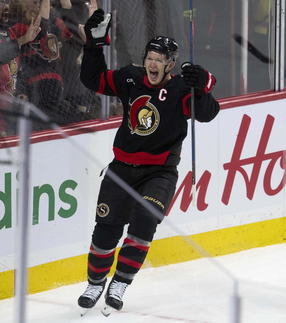 Ottawa Senators left wing Brady Tkachuk celebrates a second goal during the first period of an NHL hockey game against the Columbus Blue Jackets, Tuesday, Feb. 13, 2024, in Ottawa, Ontario. (Adrian Wyld/The Canadian Press via AP)