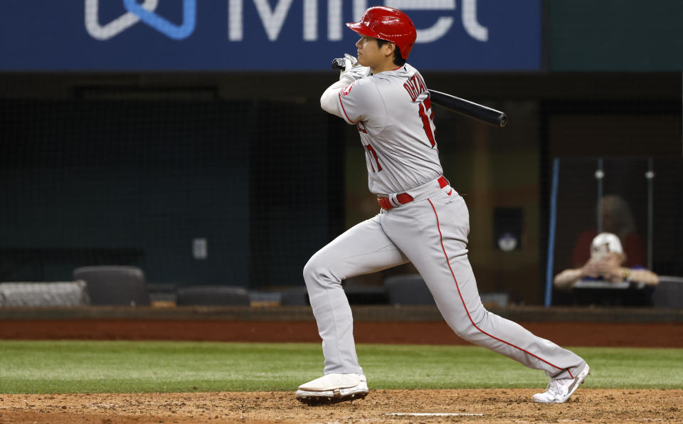 ARLINGTON, TX - SEPTEMBER 22: Shohei Ohtani #17 of the Los Angeles Angels doubles against the Texas Rangers during the ninth inning at Globe Life Field on September 22, 2022 in Arlington, Texas. (Photo by Ron Jenkins/Getty Images)