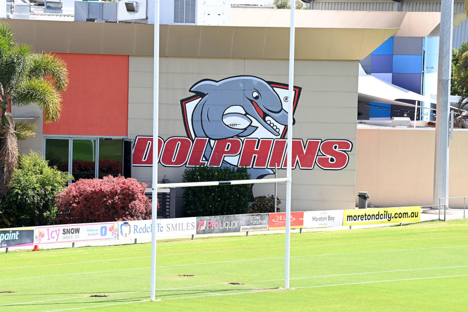 The Dolphins logo is seen on the outside of the Redcliffe Leagues club on October 15, 2021 in Redcliffe, Australia.