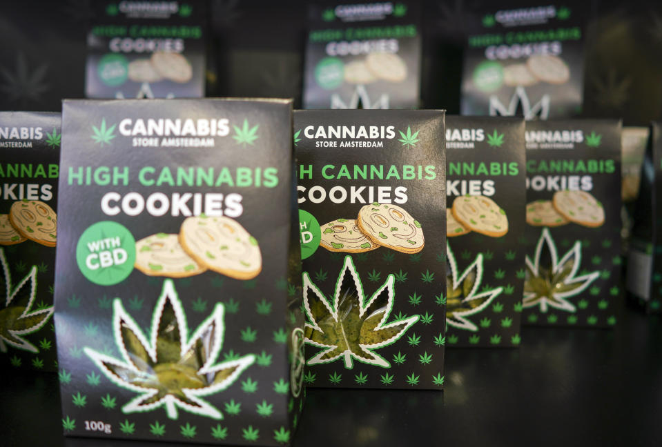 In this Thursday, June 6, 2019 photo, boxes of cookies are on sale at a Cannabis light store in Rome. It’s been called Italy’s ‘’Green Gold Rush,’’ a flourishing business around light marijuana that has created 15,000 jobs and an estimated 150 million euros worth of annual revenues in under three years. But the budding sector is facing a political and judicial buzzkill. (AP Photo/Andrew Medichini)