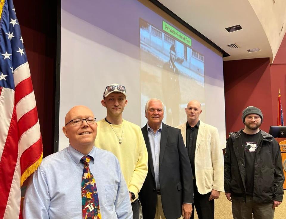 Stark State College faculty and students with the digital media program assisted Vietnam War veteran Gerald Fox with a documentary project that tells the story of the Jackson Township resident's military service. From left are: Brett Tipton, Josh Metzger, Gerald "Jerry" Fox, Ralph Lumley and William Landis.