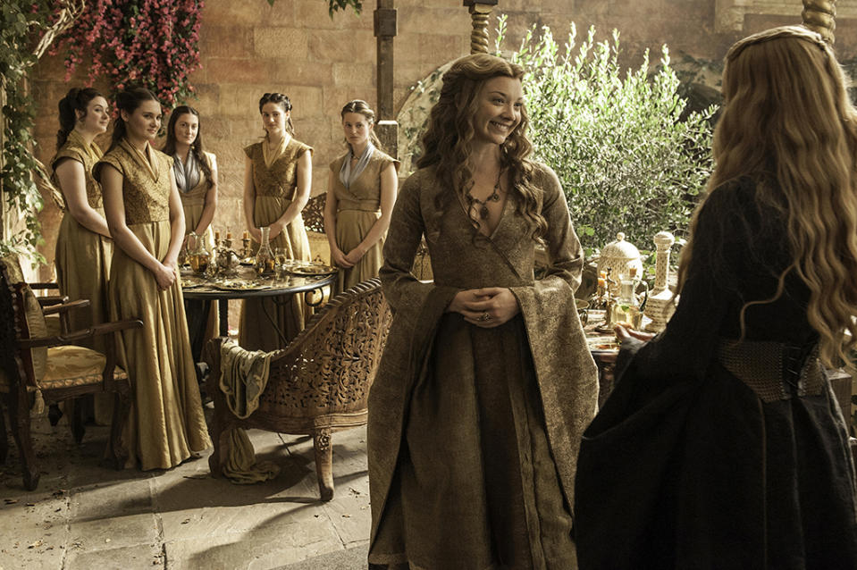 <p>After several seasons of sporting blue, Margaery began wearing gold — a color of House Lannister — after she married Tommen. And the change was meant to highlight her transition to queen… and further her rivalry with Cersei. “It’s funny, I wanted her to be a bit more like Cersei, with the metal armor look,” Clapton told <a rel="nofollow noopener" href="https://fashionista.com/2015/06/game-of-thrones-season-5-costume-designer-interview" target="_blank" data-ylk="slk:Fashionista;elm:context_link;itc:0;sec:content-canvas" class="link ">Fashionista</a>.<br><br>(Photo Credit: HBO) </p>