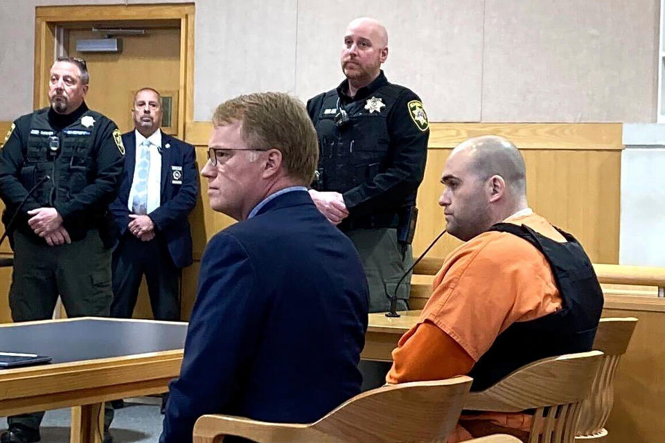 Joseph Eaton, the suspect in a shooting spree in Maine, appears in court in West Bath, Maine, Thursday, April 20, 2023. Eaton, who police say confessed to killing four people in a home and then shot three others randomly on a busy highway Tuesday, had been released days earlier from prison. (AP Photo/Patrick Whittle)