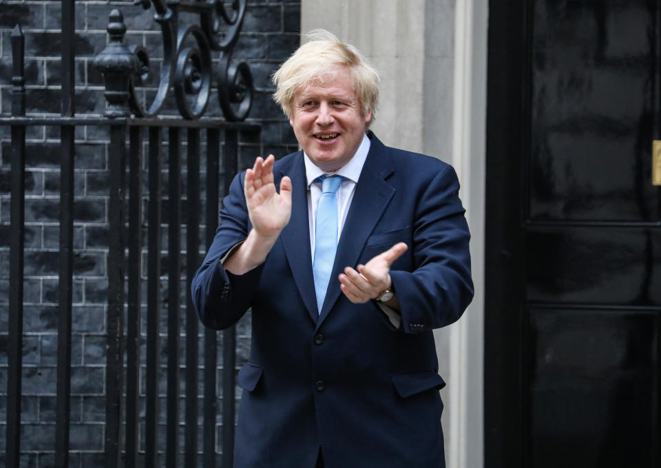 UK Prime Minister, Boris Johnson outside Number 10, Downing Street applauding carers in what's known as 'The Clap For Our Carers' (Photo by Brett Cove / SOPA Images/Sipa USA)