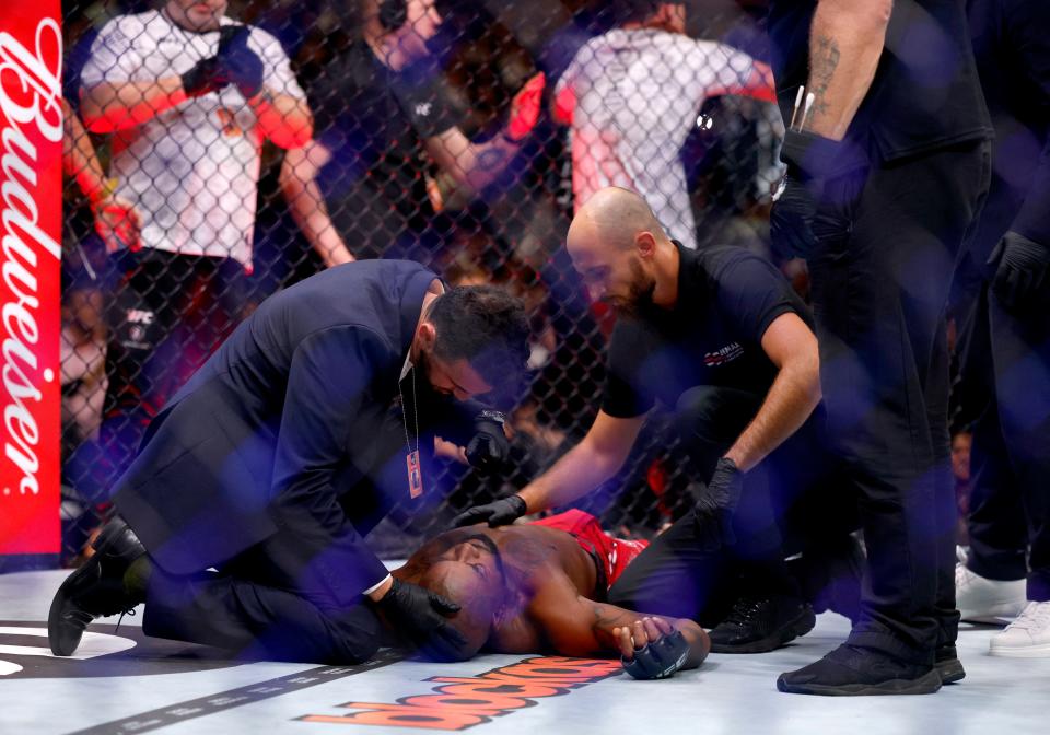 Mixed Martial Arts - UFC 304 - Manchester - Co-op Live, Manchester, Britain - July 28, 2024. Bobby Green lies on the ground after Paddy Pimblett forced his submission. REUTERS/John Sibley