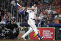Houston Astros' Kyle Tucker watches his two-run home run against the Chicago White Sox during the sixth inning of a baseball game Friday, March 31, 2023, in Houston. (AP Photo/Eric Christian Smith)