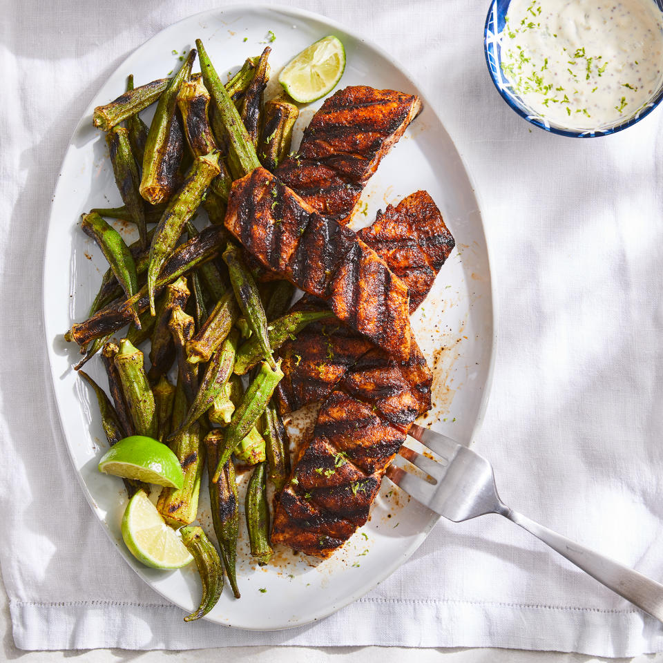 Grilled Red Snapper & Okra with Spicy Tartar Sauce