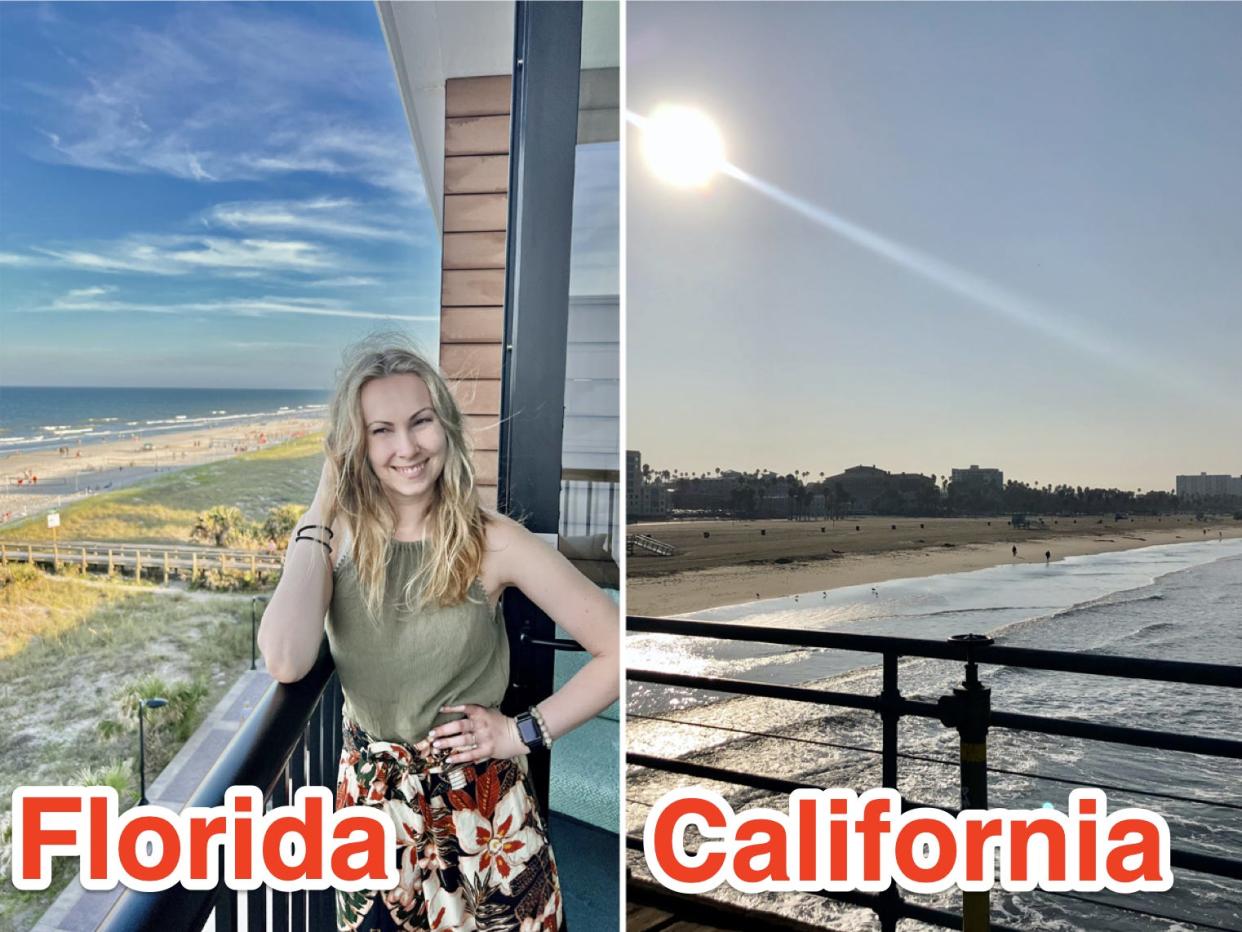 molly posing on a beachfront balcony in jacksonville florida and a sunrise over the beach in santa monica california