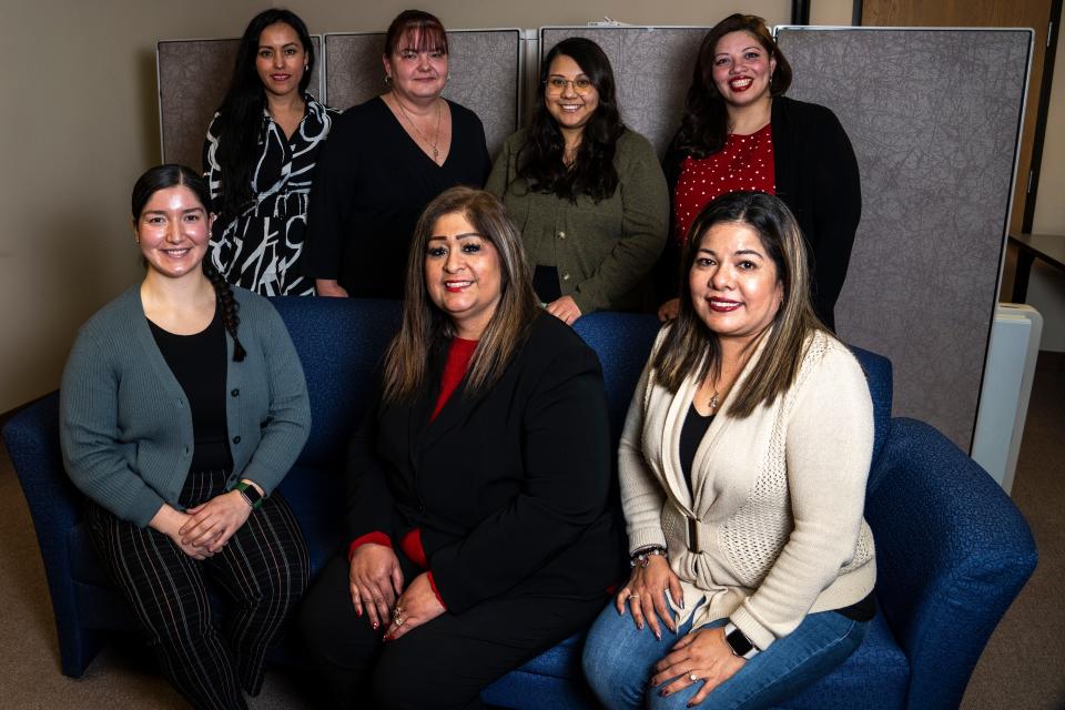 Top row, from left: Janeth Garcia, Jodi Bowden-Fuentes, Luisa Mendoza, and Sara Matute; bottom row from left, Nancy Medel, Executive Director Melissa Cayo Zelaya and Mireya Ramirez pose for a portrait at the L.U.N.A. office on Friday, Feb. 9, 2024, in Des Moines.