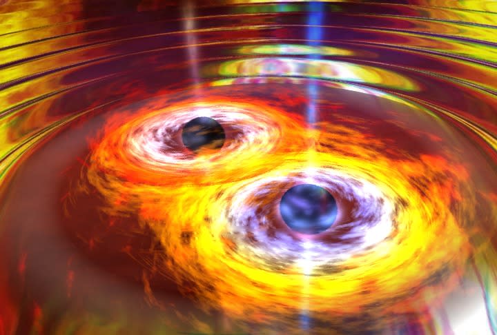 As two supermassive black holes orbit each other and merge, they create gravitational waves.  With enough energy they can 