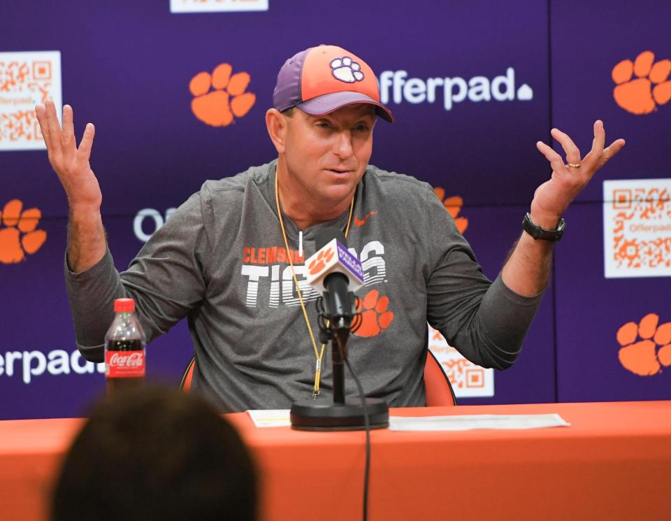 Clemson Head Coach Dabo Swinney speaks with media before the first day of Spring practice at the Poe Indoor Practice Facility at the Allen N. Reeves football complex in Clemson S.C. Wednesday, February 28, 2024.