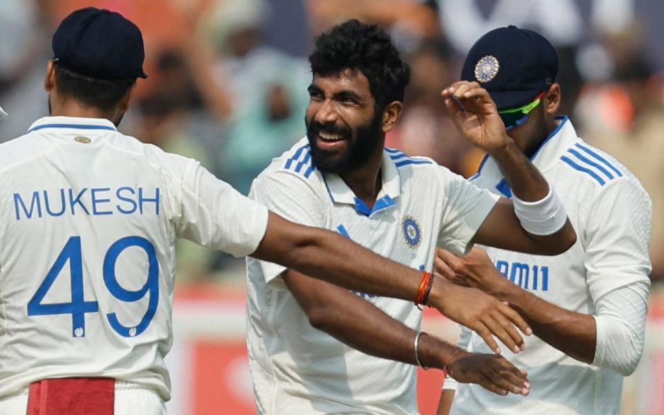 Jasprit Bumrah celebrates taking the wicket of Joe Root in the second Test