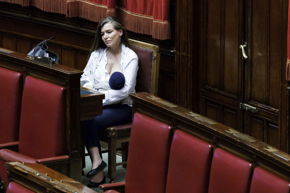 5-Star Movement lawmaker Gilda Sportiello nurses her child in the Italian lower Chamber in Rome, Wednesday, June 7, 2023. Bipartisan applause broke out on Wednesday when Gilda Sportiello, a member of the lower Chamber of Deputies, nursed her 2-month-old son during a legislative vote becoming the first woman to do so in the Italian parliament. (Roberto Monaldo/LaPresse via AP)