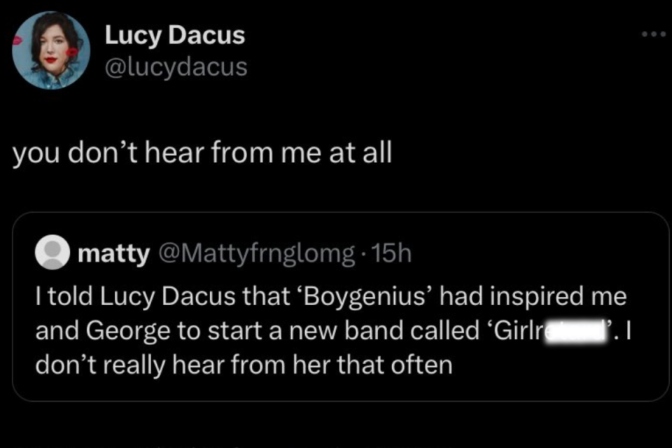 Matt Healy and Lucy Dacus X/Twitter exchange (Twitter)