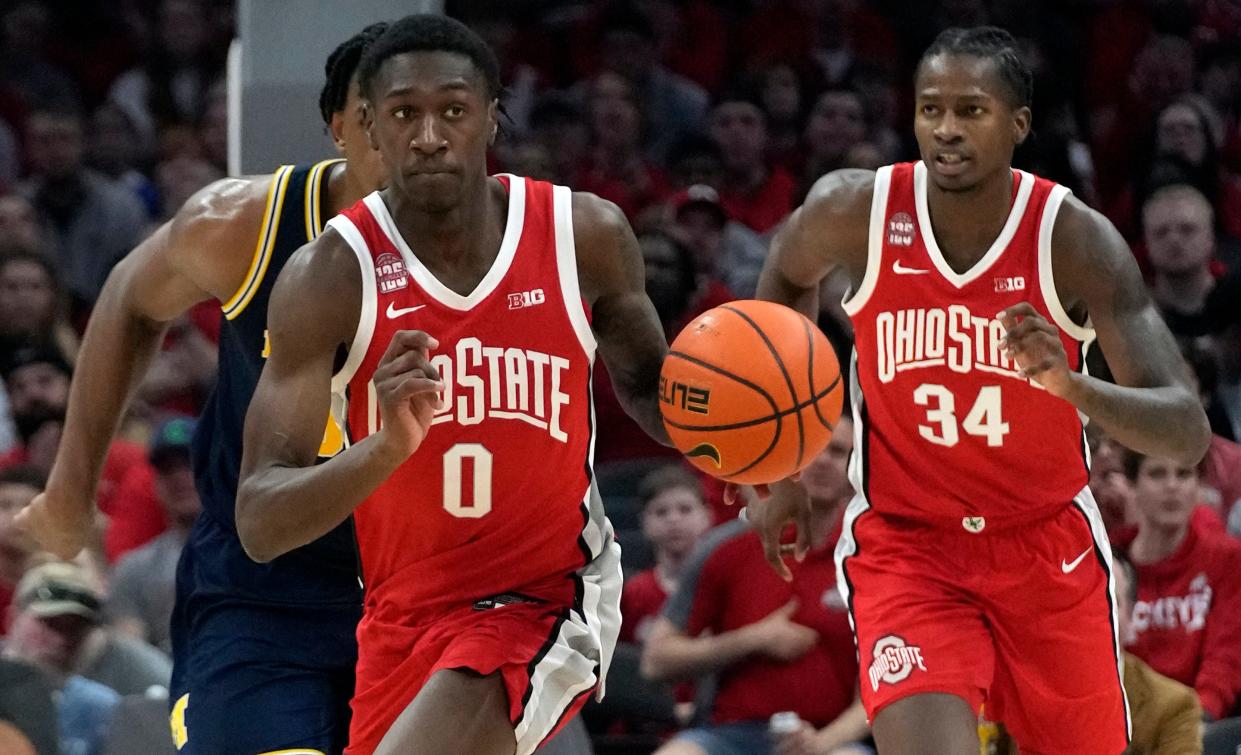 Mar 3, 2024; Columbus, OH, USA; Ohio State Buckeyes guard Scotty Middleton (0) dribbles the ball during their NCAA Division I Mens basketball game at Value City Arena.