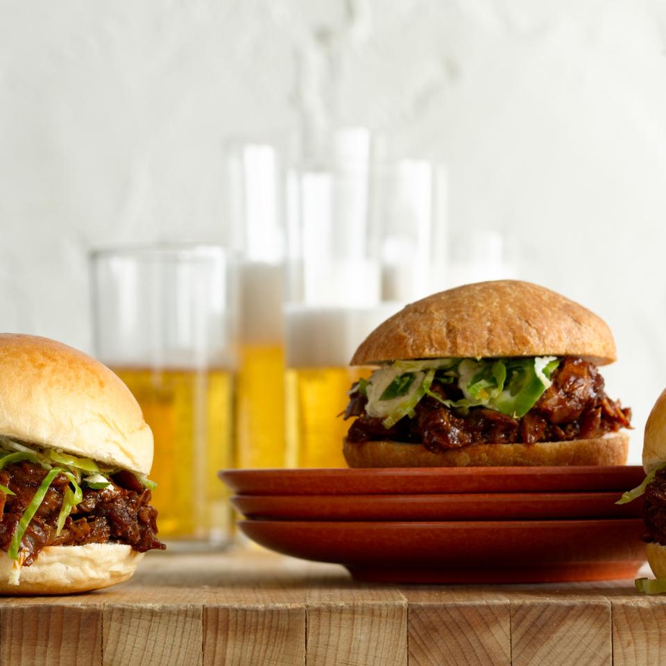 A long, slow braise in barbecue sauce causes turkey legs to fall off the bone for these sliders. Make sure to add the <a href="https://www.epicurious.com/recipes/food/views/brussels-sprout-slaw-369373?mbid=synd_yahoo_rss" rel="nofollow noopener" target="_blank" data-ylk="slk:Brussels sprout slaw;elm:context_link;itc:0" class="link ">Brussels sprout slaw</a> for extra texture. <a href="https://www.epicurious.com/recipes/food/views/chipotle-barbecue-pulled-turkey-drumstick-sliders-with-brussels-spout-slaw-369372?mbid=synd_yahoo_rss" rel="nofollow noopener" target="_blank" data-ylk="slk:See recipe.;elm:context_link;itc:0" class="link ">See recipe.</a>
