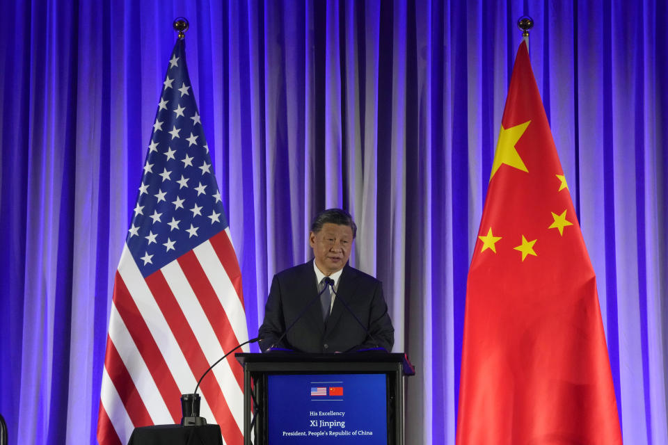 China's president, Xi Jinping, speaks at a dinner with business leaders during the Asia-Pacific Economic Cooperation (APEC) conference Wednesday, Nov. 15, 2023, in San Francisco. (AP Photo/Jeff Chiu)