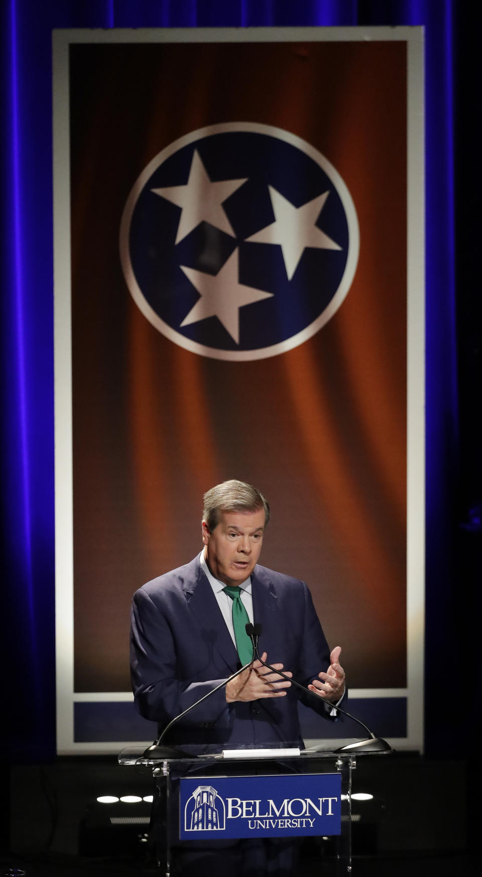 Democratic former Nashville Mayor Karl Dean speaks during the final gubernatorial debate at Belmont University Friday, Oct. 12, 2018, in Nashville, Tenn. (AP Photo/Mark Humphrey, Pool)