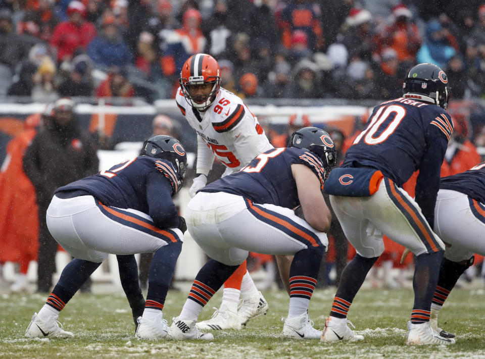 Defensive end Myles Garrett (95) and the Browns will kick off the preseason at the Giants. (AP)