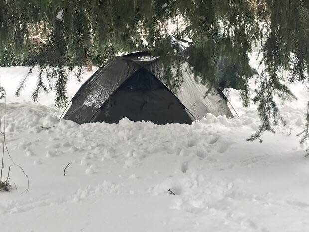 There are an estimated 200 to 300 people experiencing homelessness and currently sleeping in Greater Victoria parks in makeshift shelters and tents, such as this one seen pitched in snow in Beacon Hill Park on Feb. 14. The city is working with the B.C. government to have everyone sheltered by the end of March.