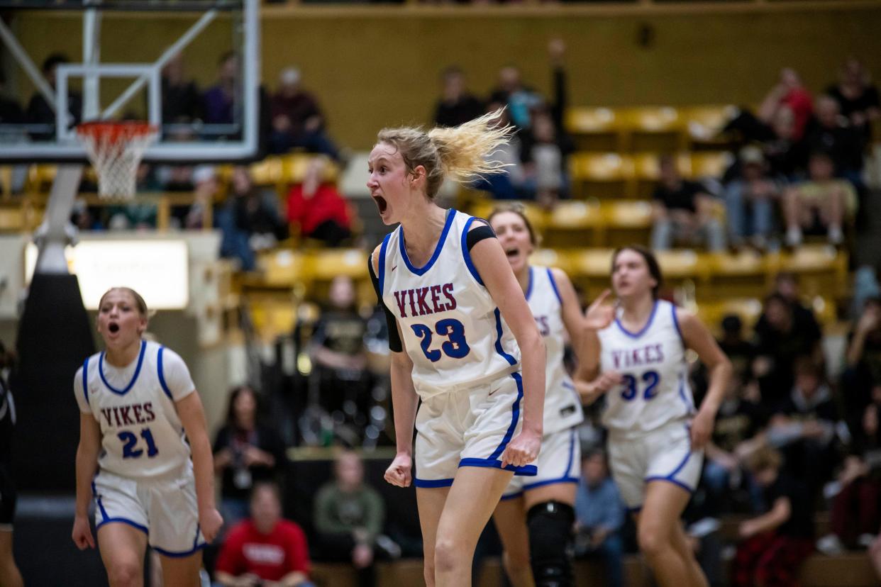 Seaman's Anna Becker celebrates during the championship game against Maize South in Emporia on Saturday, March 9, 2024.