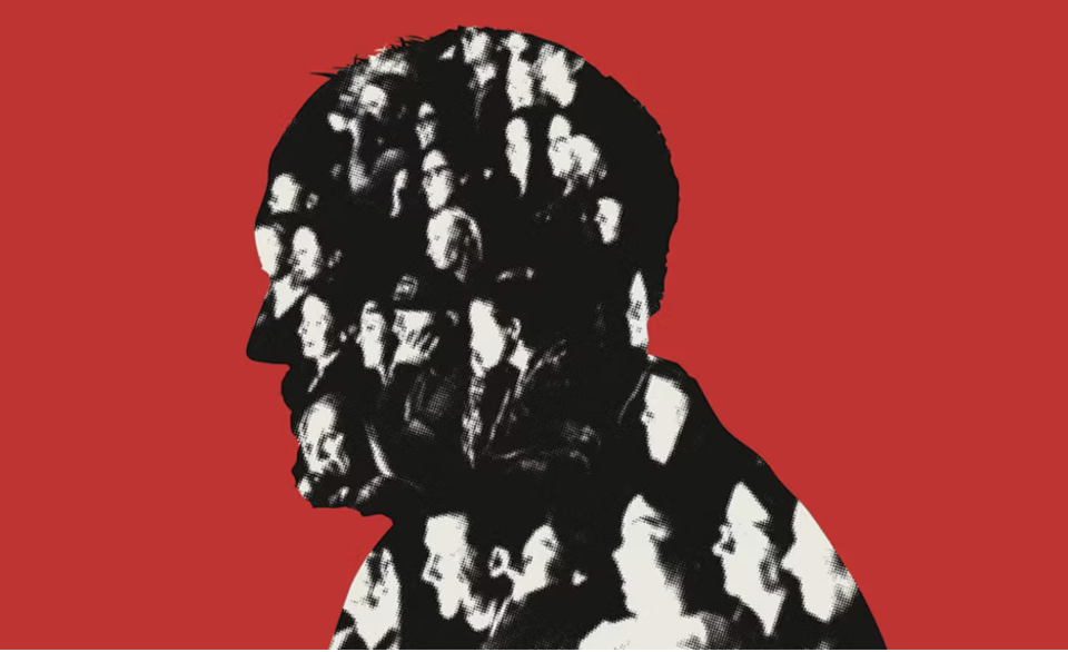 A graphic for the film 'Sorry/Not Sorry' showing the silhouetted head of Louis C.K.
