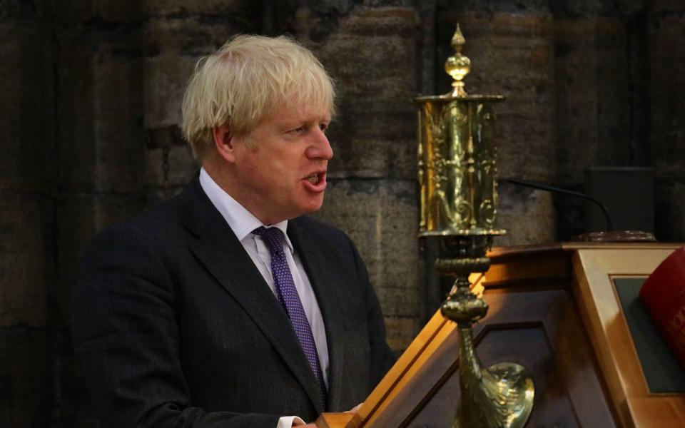 Prime Minister Boris Johnson speaking during a service to mark the 80th anniversary of the Battle of Britain at Westminster Abbey - Aaron Chown/PA