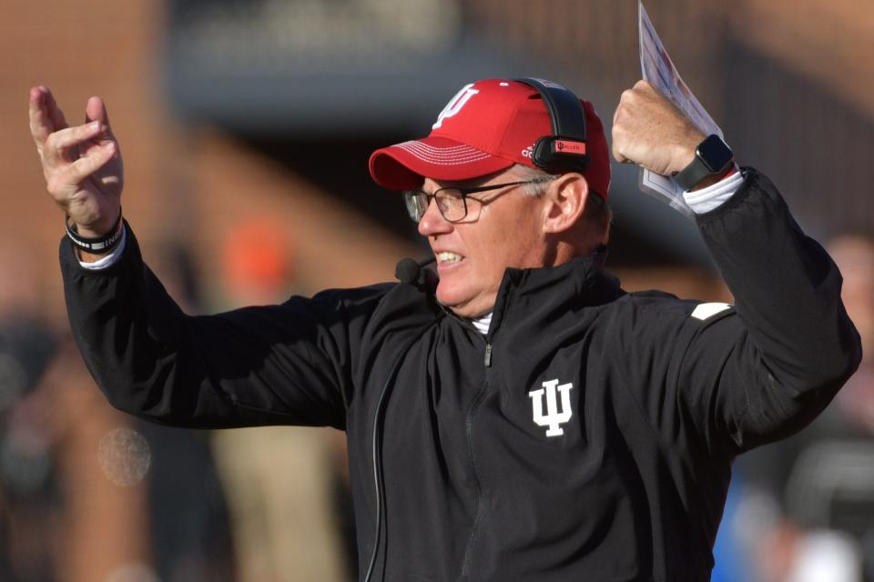 Nov 11, 2023; Champaign, Illinois, USA; Indiana Hoosiers head coach Tom Allen reacts on the sidelines during the second half against the Illinois Fighting Illini at Memorial Stadium. Mandatory Credit: Ron Johnson-USA TODAY Sports