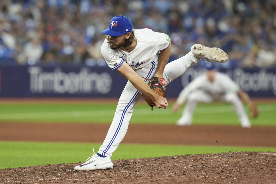 Toronto Blue Jays relief pitcher Hagen Danner works against the Chicago Cubs during the ninth inning of a baseball game Friday, Aug. 11, 2023, in Toronto. (Chris Young/The Canadian Press via AP)