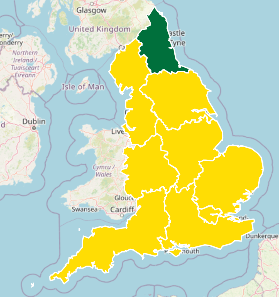 The yellow alert covers most of England (UKHSA)