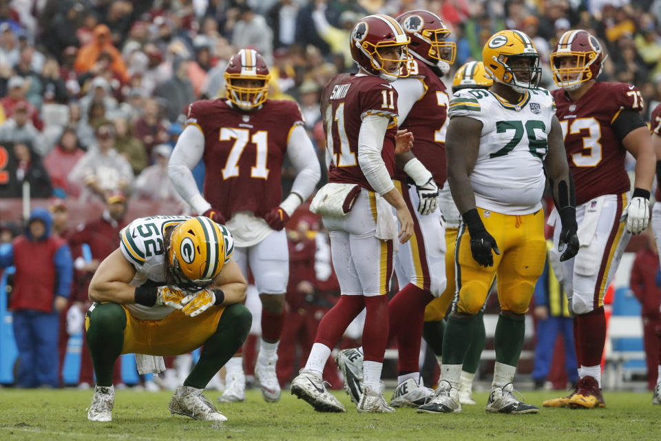 Green Bay Packers linebacker Clay Matthews (52) reacts after his penalty for roughing the passer during the second half of an NFL football game against the Washington Redskins, Sunday, Sept. 23, 2018 in Landover, Md. (AP Photo/Alex Brandon)