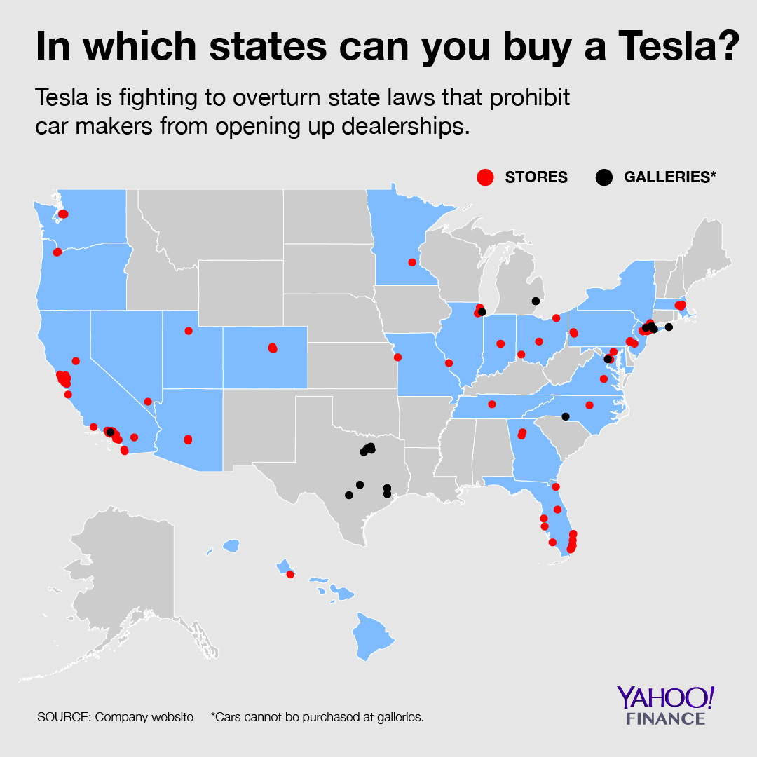 If you live in one of the blue states, you don’t have to cross state lines to buy a Tesla. Graphic credit: David Foster/Yahoo Finance