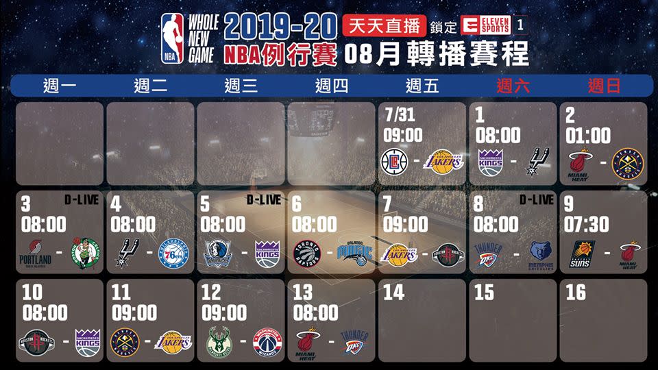 NBA 八月例行賽賽程_ELEVEN體育一台