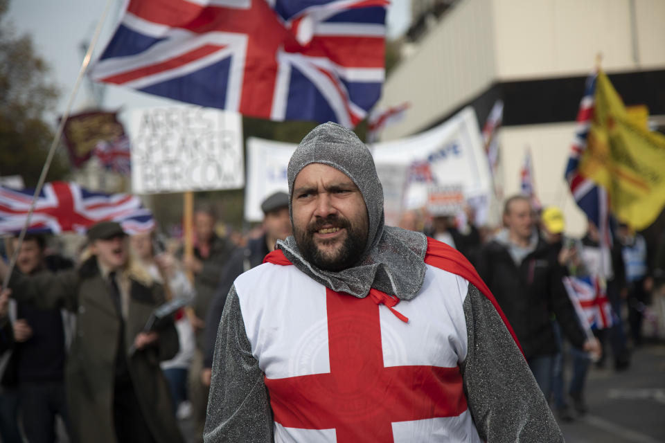 Pro Brexit anti European Union Leave protesters demonstrating in Westminster on what, prior to another Brexit Day extension, would have been the day the UK was scheduled to leave the EU, and instead political parties commence campaigning for a General Election on 31st October 2019 in London, England, United Kingdom. Brexit is the scheduled withdrawal of the United Kingdom from the European Union. Following a June 2016 referendum, in which 51.9% of participating voters voted to leave. (photo by Mike Kemp/In Pictures via Getty Images)