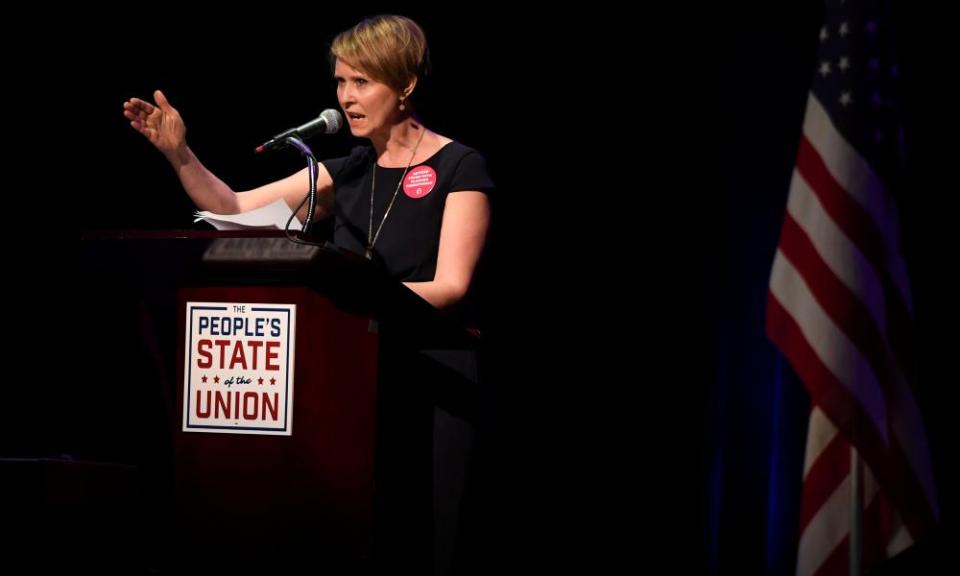 Cynthia Nixon speaks during the ‘People’s State of the Union’ event in Manhattan on 29 January.