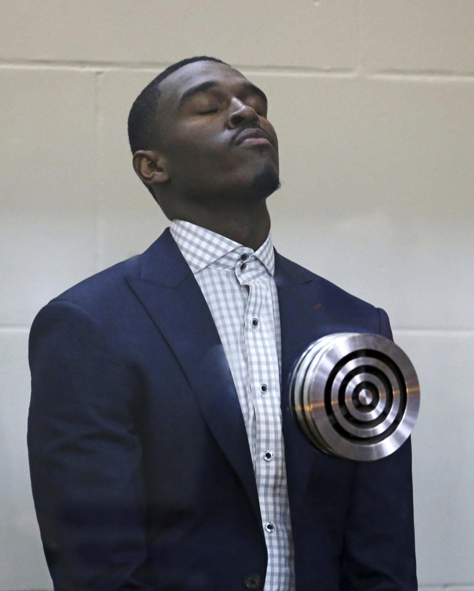 Boston Celtics guard Jabari Bird appears for his arraignment on domestic violence charges at Brighton Municipal Court, Thursday, Sept. 13, 2018 in Boston. Prosecutors say Bird choked his girlfriend multiple times, kicked her and prevented her from leaving his apartment for hours last week before he collapsed in distress.(Angela Rowlings /The Boston Herald via AP, Pool)